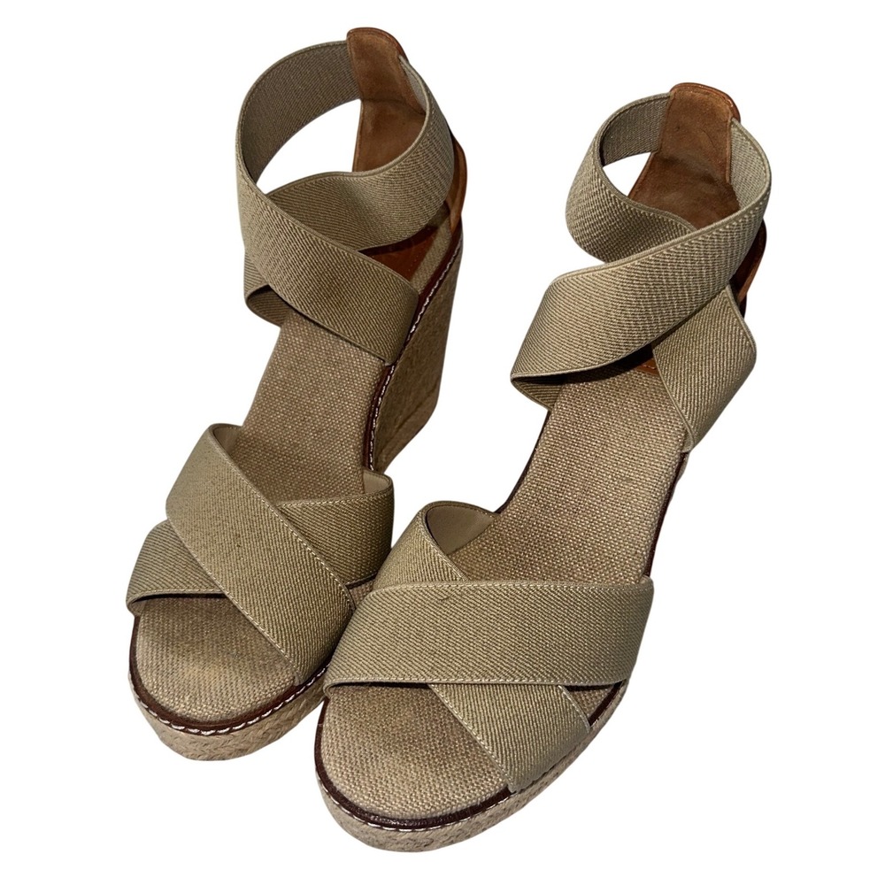 Tory Burch Canvas Espadrille Wedge Sandals Beige Elastic Straps Women's Size 8